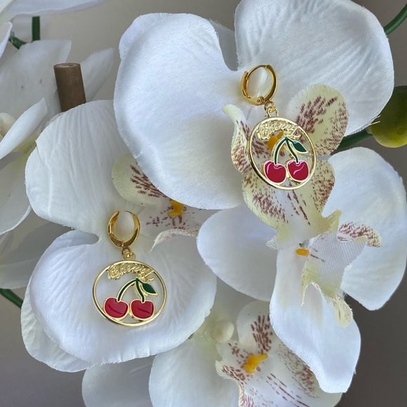 Cute & Funky cherry gold enamel earrings - Picture 7 of 8